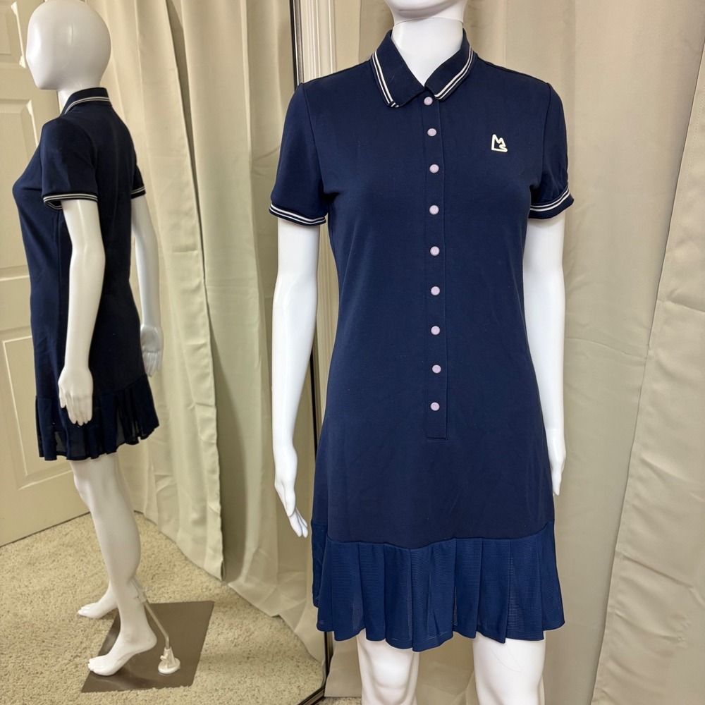 Magnlens Navy Blue Polo Dress Short Sleeve Pleated Mesh Hem Sporty Size M